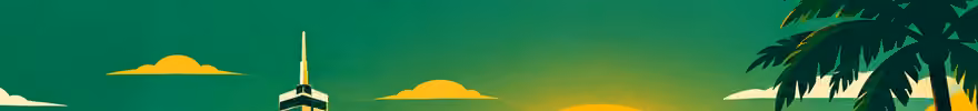 Illustrated Lagos skyline with the Lekki-Ikoyi bridge, yellow danfo buses and a street market at sunset