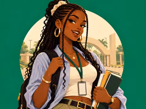 Illustration of a UNILAG Fresher: a smiling student with a backpack and textbooks at a campus gate