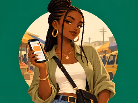 Illustration of a LAPO Baby: a young woman checking a payment reminder on her phone at a busy Lagos market